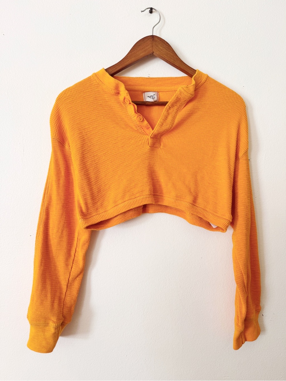 BDG Cropped Waffle Henley Top - Bright Orange Small